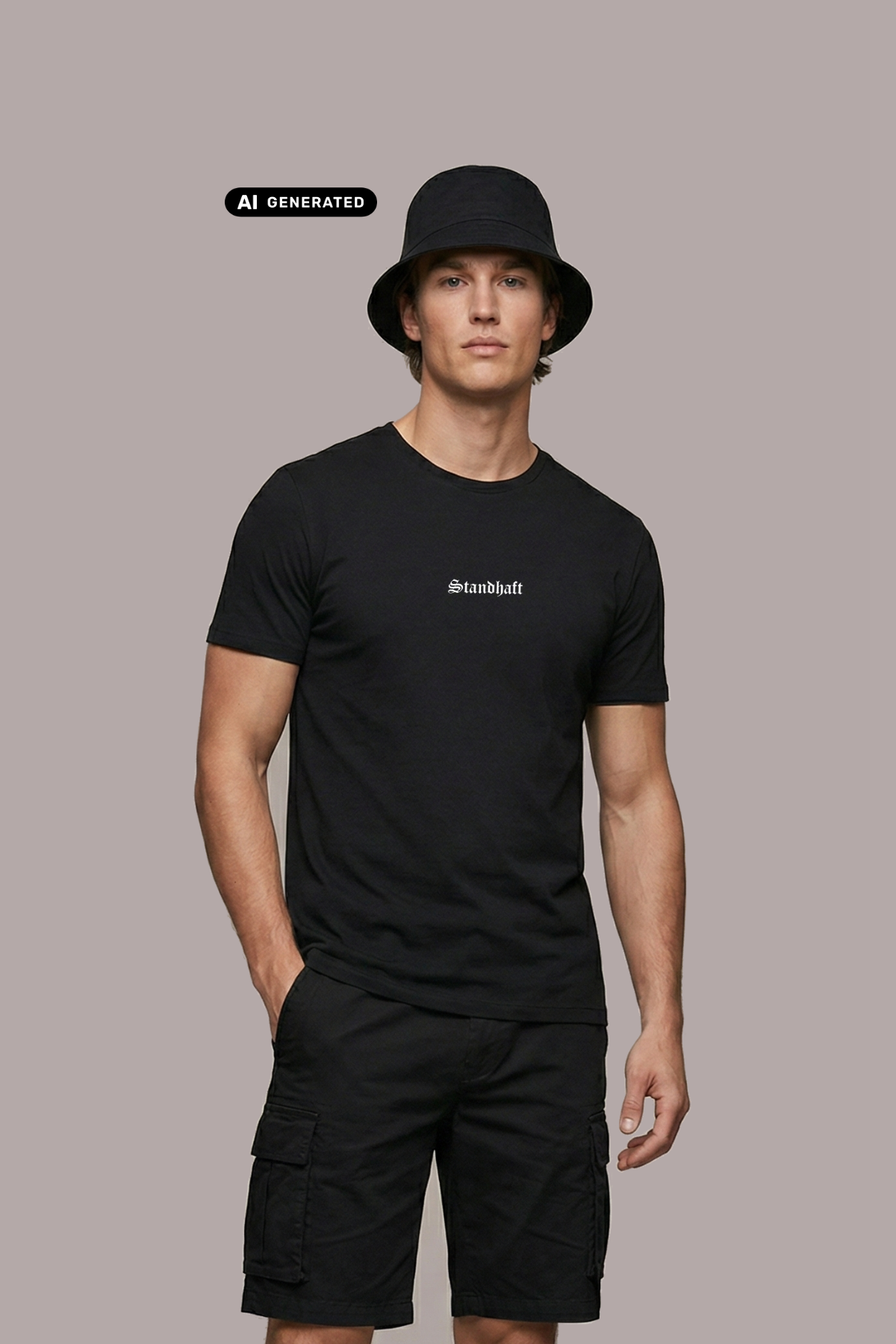 Ein Mann mit Anglerhut trägt ein schwarzes T-Shirt mit einem kleinen, weißen „Standhaft“-Schriftzug auf der Brust.