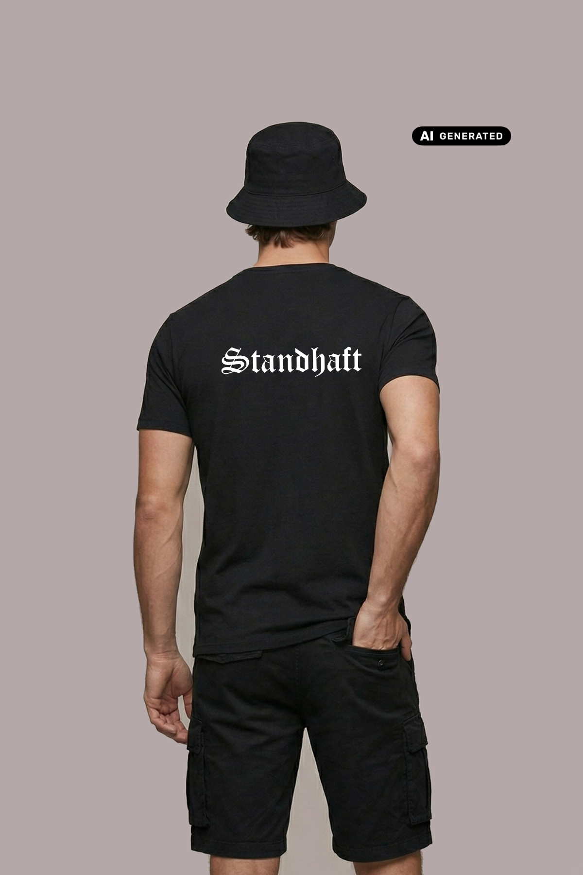 Ein Mann von hinten mit Anglerhut und schwarzem T-Shirt mit weißem „Standhaft“-Schriftzug im altdeutschen Stil auf dem Rücken.