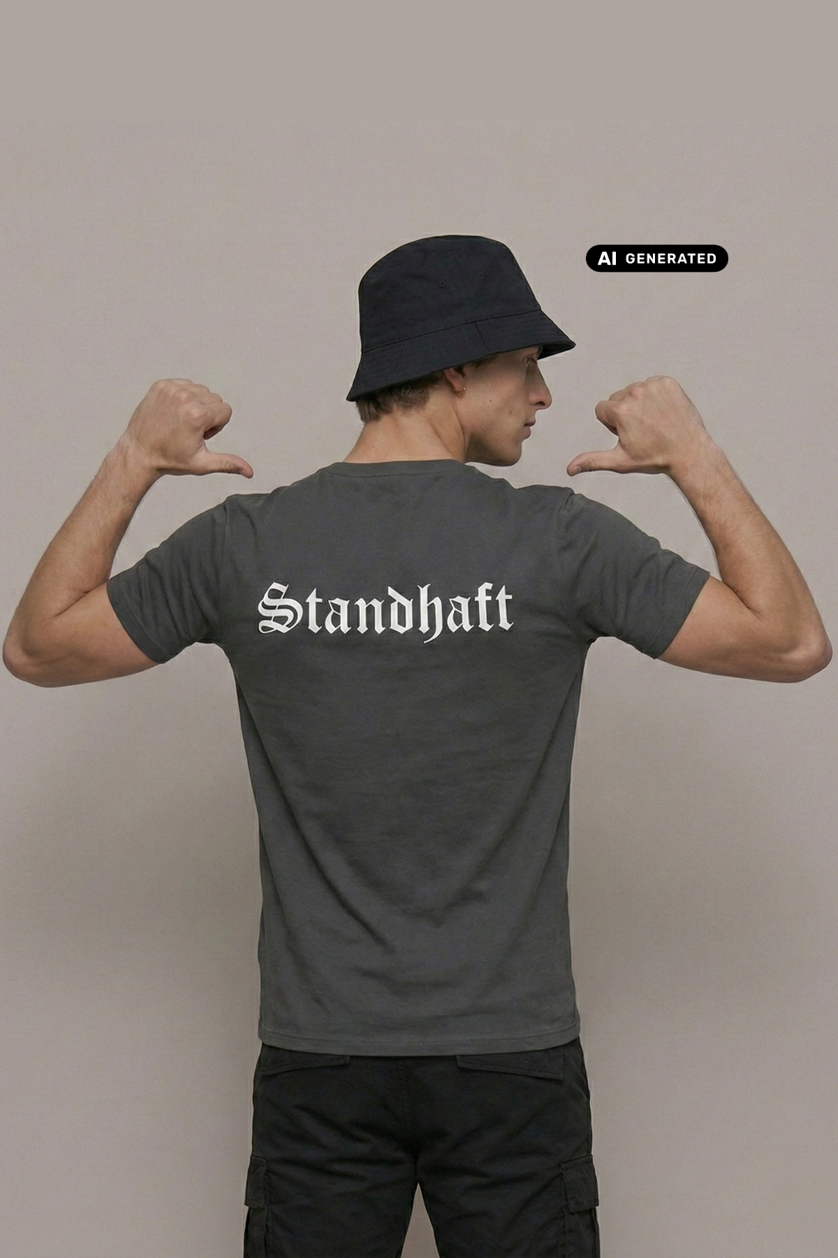 Ein Mann von hinten mit Anglerhut und dunkelgrauem T-Shirt mit weißem „Standhaft“-Schriftzug im altdeutschen Stil auf dem Rücken.