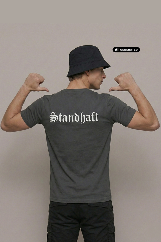 Ein Mann von hinten mit Anglerhut und dunkelgrauem T-Shirt mit weißem „Standhaft“-Schriftzug im altdeutschen Stil auf dem Rücken.
