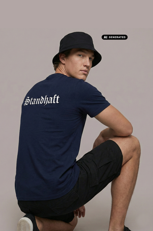 Ein Mann von hinten mit Anglerhut und dunkelblauem T-Shirt mit weißem „Standhaft“-Schriftzug im altdeutschen Stil auf dem Rücken.