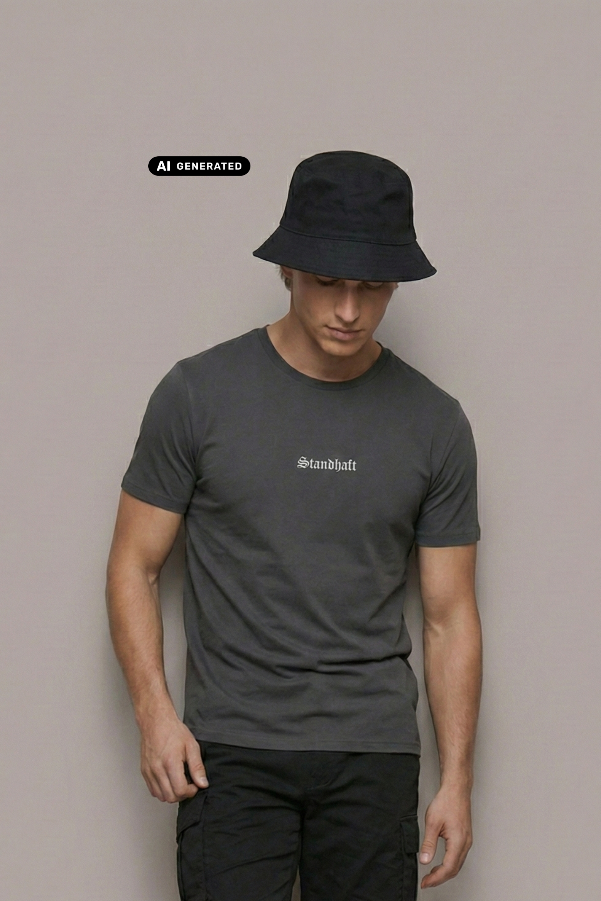 Ein Mann mit Anglerhut trägt ein dunkelgraues T-Shirt mit einem kleinen, weißen „Standhaft“-Schriftzug auf der Brust.