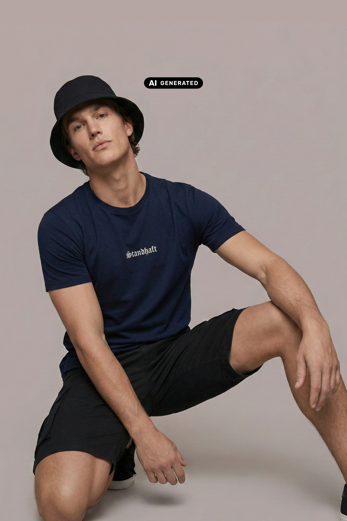 Ein Mann mit Anglerhut trägt ein dunkelblaues T-Shirt mit einem kleinen, weißen „Standhaft“-Schriftzug auf der Brust.