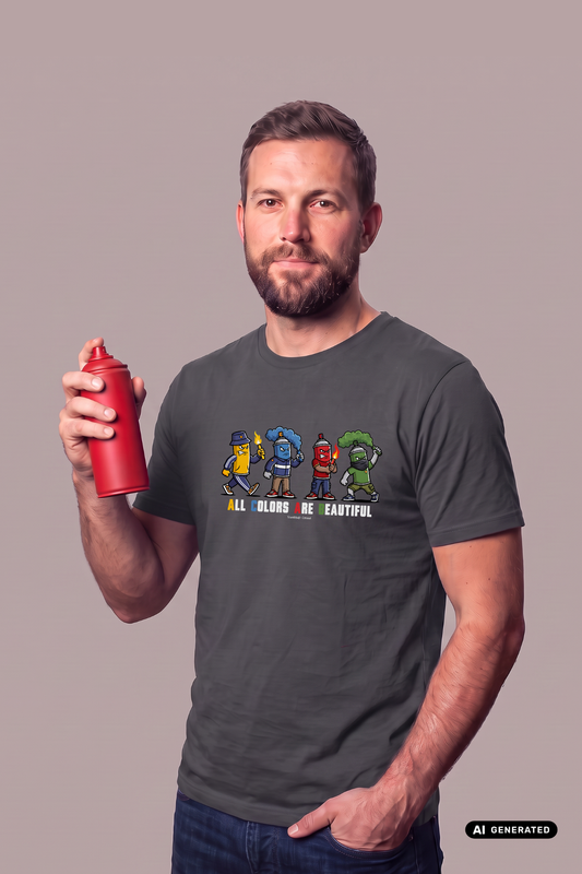Mann im grauen T-Shirt mit „All Colors Are Beautiful“-Print hält eine rote Sprühdose vor grauem Hintergrund.