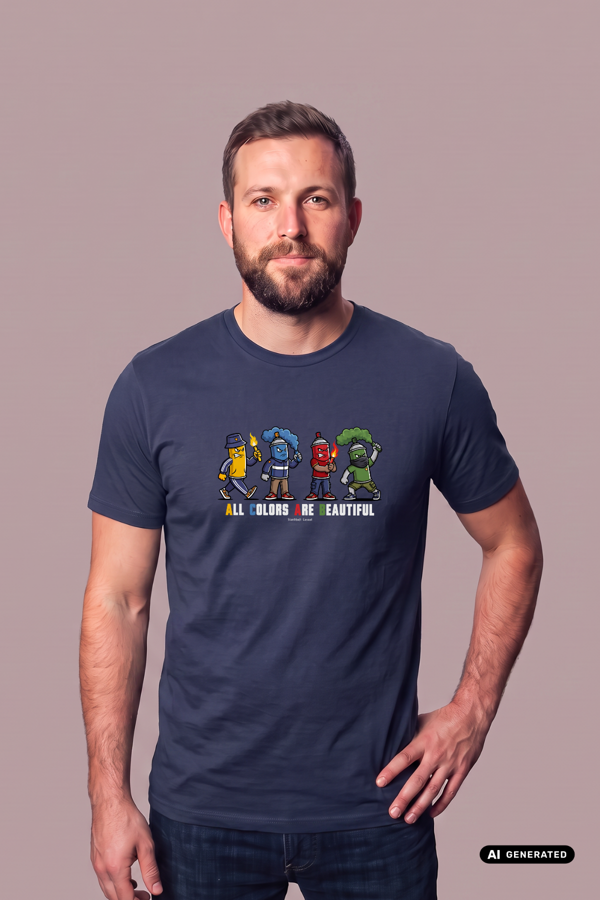 Mann trägt dunkelblaues T-Shirt mit buntem „All Colors Are Beautiful“-Grafikprint vor neutralem Hintergrund.