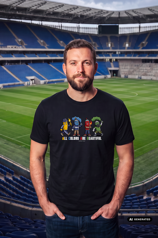 Mann im Stadion trägt schwarzes T-Shirt mit buntem „All Colors Are Beautiful“-Grafikprint und Ultras-Motiven.