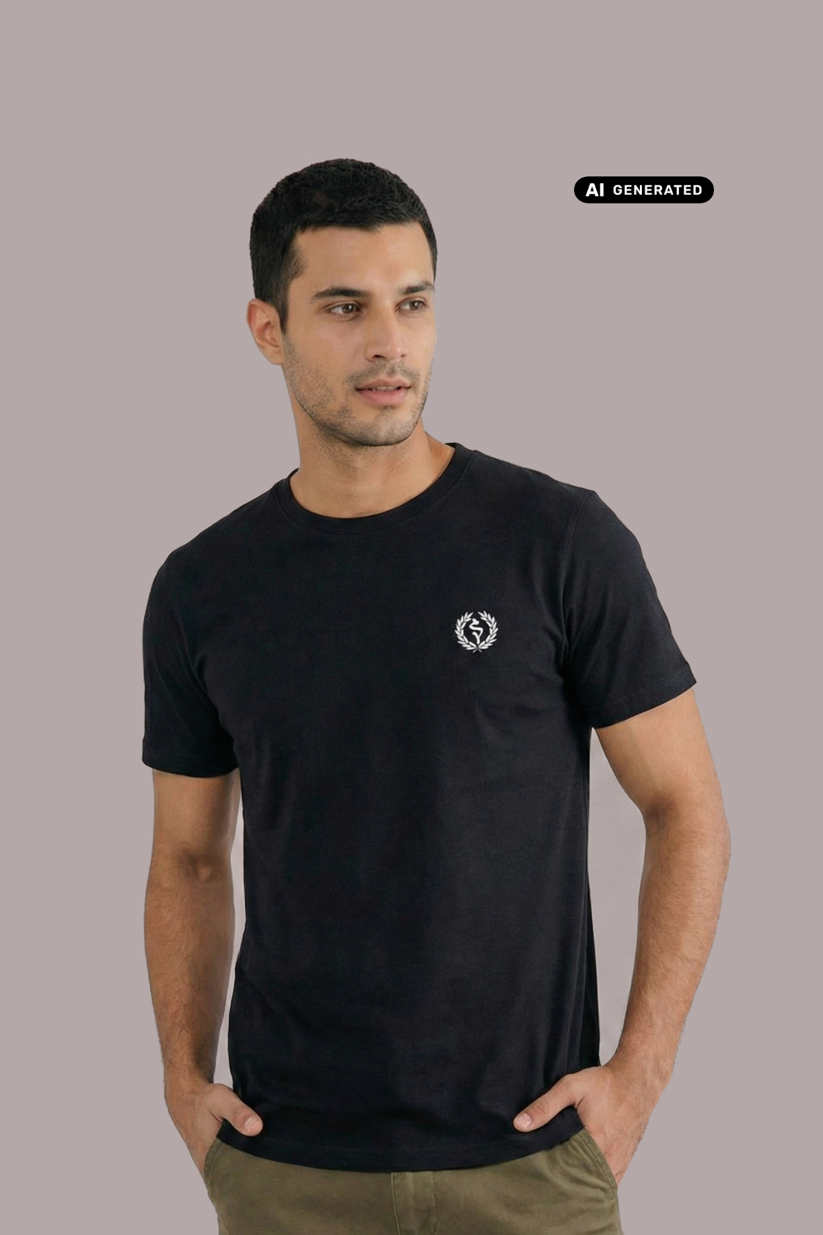 Mann im schwarzen T-Shirt mit weißem Lorbeerkranz-Logo, Hände in den Taschen, dazu khakifarbene Cargohose.