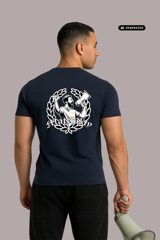 Rückansicht eines Mannes im dunkelblauen T-Shirt mit „Matchday“-Rückenprint, der ein Megafon in der Hand hält.