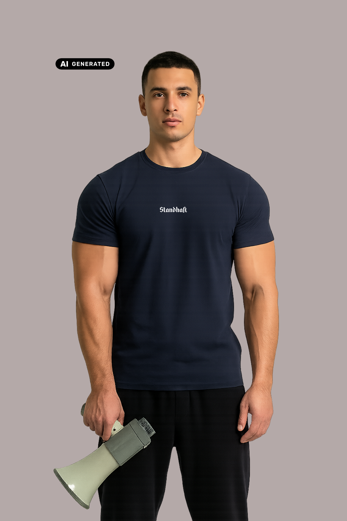 Muskulöser Mann im dunkelblauen T-Shirt mit weißem Aufdruck „Standhaft“, hält ein Megafon nach unten, schwarze Hose.