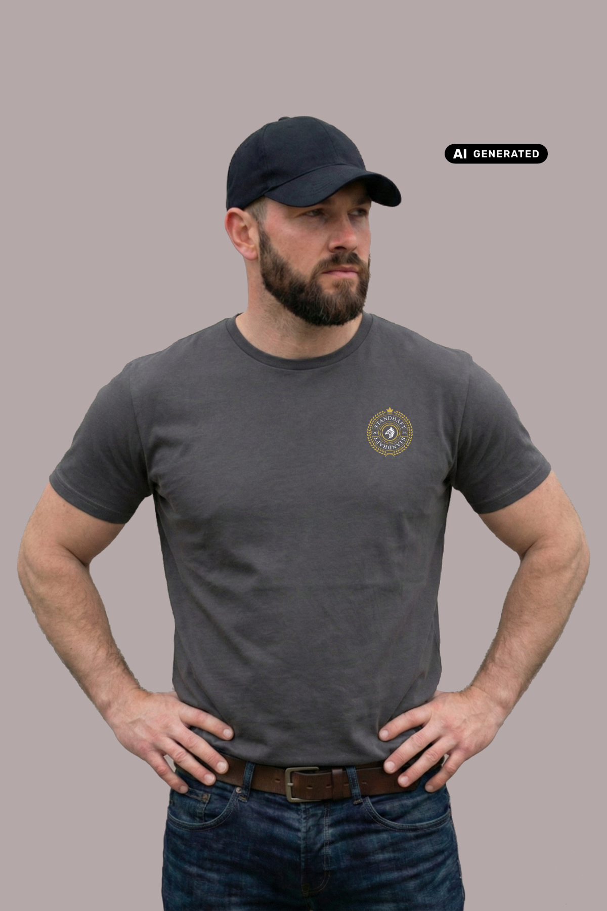 Ein Mann mit schwarzer Basecap und den Händen in den Hüften trägt ein dunkelgraues T-Shirt mit einem kreisförmigen, gelb-grauen „STANDHAFT“-Logo samt kleiner Krone auf der linken Brust.