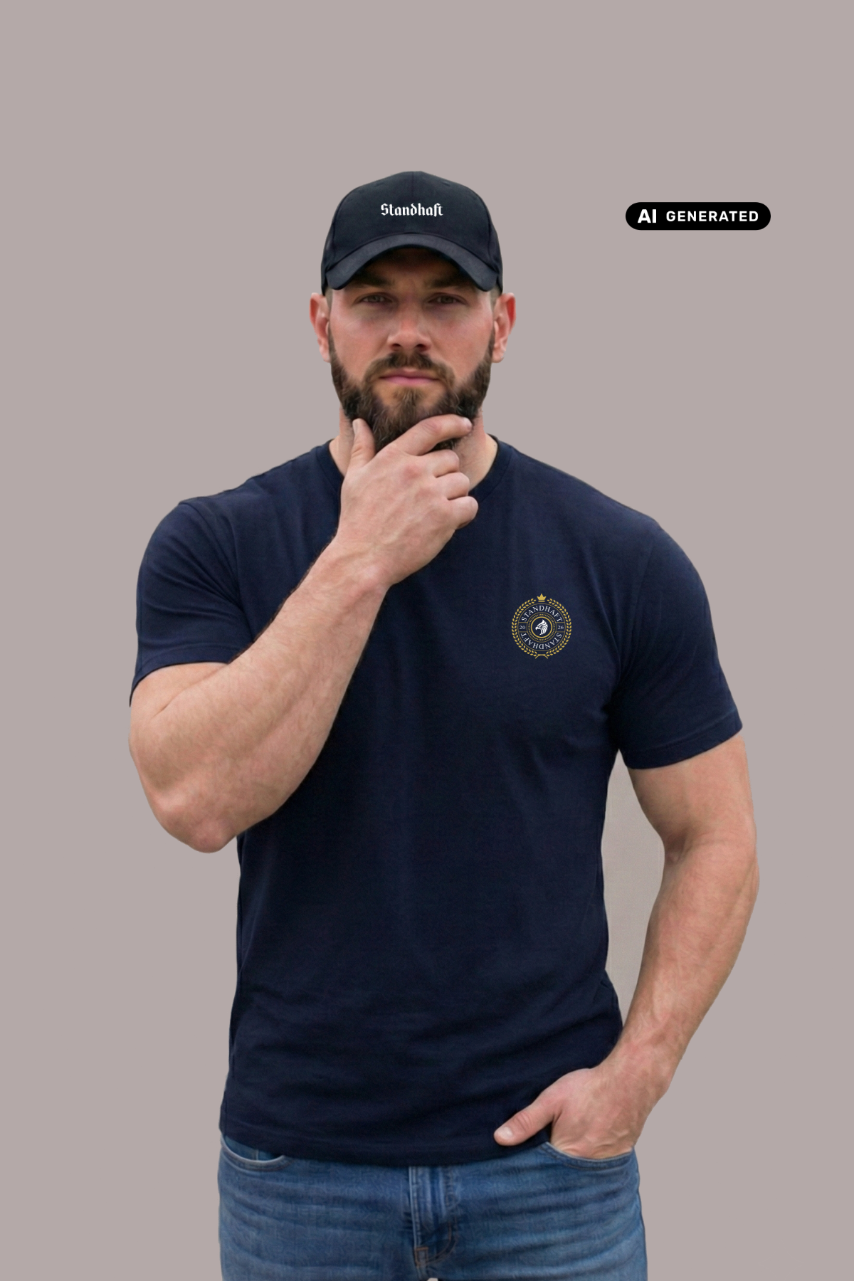Ein nachdenklicher Mann mit einer schwarzen Basecap samt weißem „Standhaft“-Schriftzug trägt ein dunkelblaues T-Shirt mit einem kreisförmigen, gelb-blauen „STANDHAFT“-Logo samt kleiner Krone auf der linken Brust.