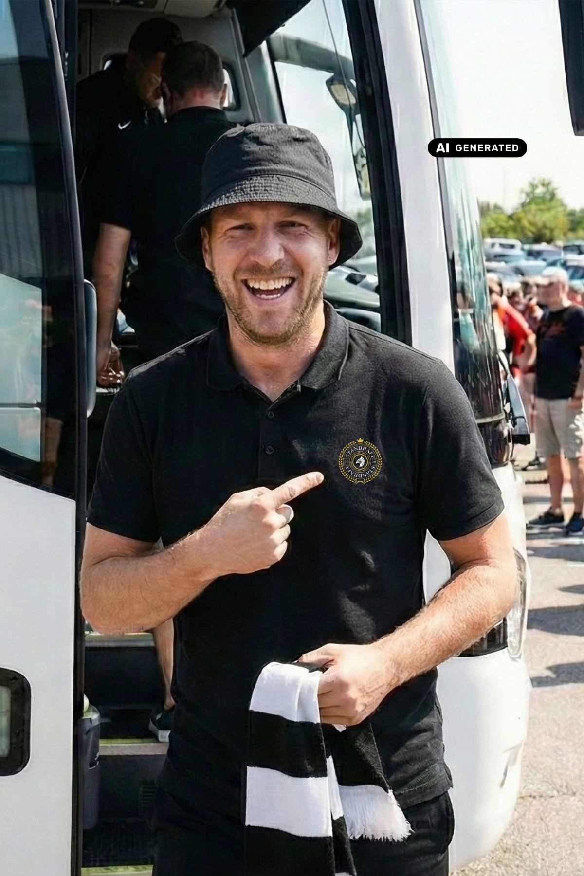 Ein lachender Mann mit schwarzem Anglerhut vor einem Bus trägt ein schwarzes Poloshirt mit einem kreisförmigen, gelb-schwarzen „STANDHAFT“-Logo samt kleiner Krone auf der linken Brust, auf das er mit dem Finger zeigt.
