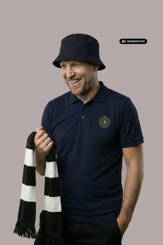 Ein Mann mit schwarzem Anglerhut und einem schwarz-weiß gestreiften Schal in der Hand trägt ein dunkelblaues Poloshirt mit einem kreisförmigen, gelb-blauen „STANDHAFT“-Logo samt kleiner Krone auf der linken Brust.