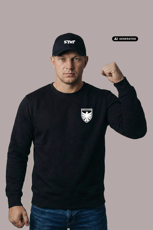 Ein Mann mit schwarzer „STHF“-Basecap und erhobener Faust trägt einen schwarzen Pullover mit einem weißen Wappen-Logo samt Adlergrafik und „STANDHAFT“-Schriftzug auf der linken Brust.