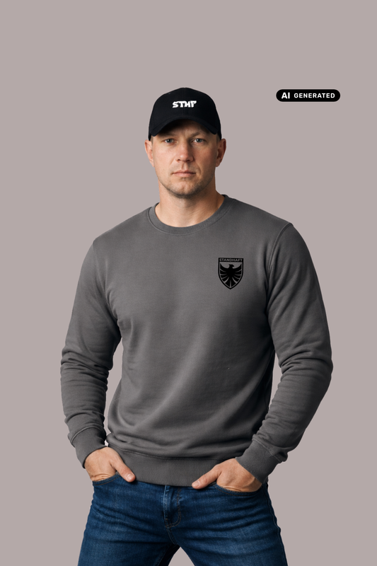 Ein Mann mit schwarzer „STHF“-Basecap und den Händen in den Taschen trägt einen dunkelgrauen Pullover mit einem schwarzen Wappen-Logo samt Adlergrafik und „STANDHAFT“-Schriftzug auf der linken Brust.