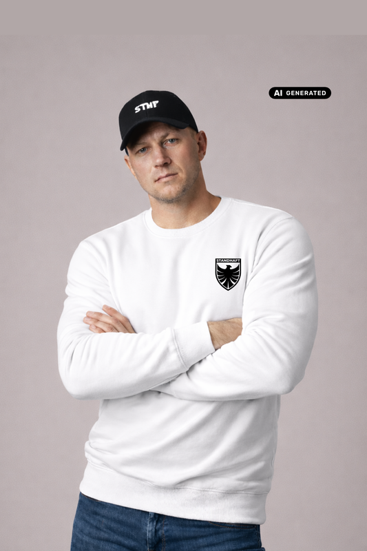 Ein Mann mit schwarzer „STHF“-Basecap und verschränkten Armen trägt einen weißen Pullover mit einem schwarzen Wappen-Logo samt Adlergrafik und „STANDHAFT“-Schriftzug auf der linken Brust.
