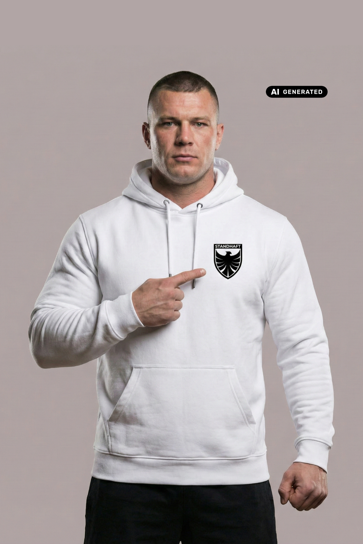 Ein Mann, der mit dem Finger auf die Brust zeigt, trägt einen weißen Hoodie mit einem schwarzen Wappen-Logo samt Adlergrafik und „STANDHAFT“-Schriftzug auf der linken Brust.