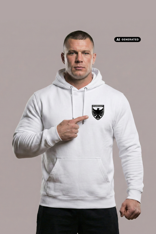 Ein Mann, der mit dem Finger auf die Brust zeigt, trägt einen weißen Hoodie mit einem schwarzen Wappen-Logo samt Adlergrafik und „STANDHAFT“-Schriftzug auf der linken Brust.