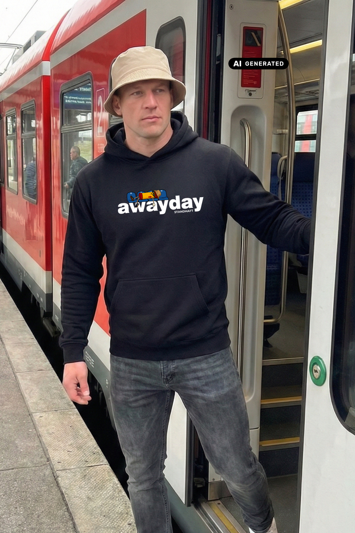 Ein Mann mit Fischerhut steht an einer Zugtür; er trägt einen schwarzen „awayday“-Hoodie und graue Jeans.