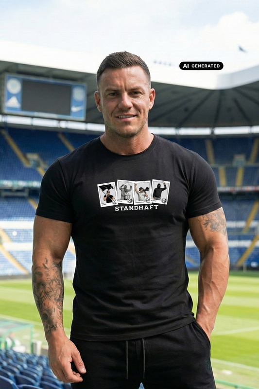 Muskulöser Mann im schwarzen T-Shirt mit dem Aufdruck „STANDHAFT“ und vier Motivkarten in einem Stadion.