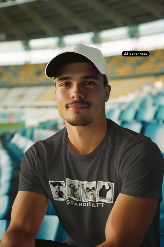 Mann mit Cap im grauen T-Shirt mit dem Aufdruck „STANDHAFT“ und vier Motivkarten vor Stadion-Tribüne.