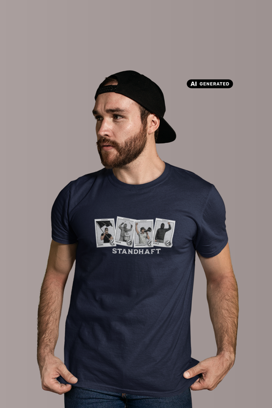Bärtiger Mann mit schwarzer Cap im dunkelblauen T-Shirt mit dem Aufdruck „STANDHAFT“ und vier Motivkarten.