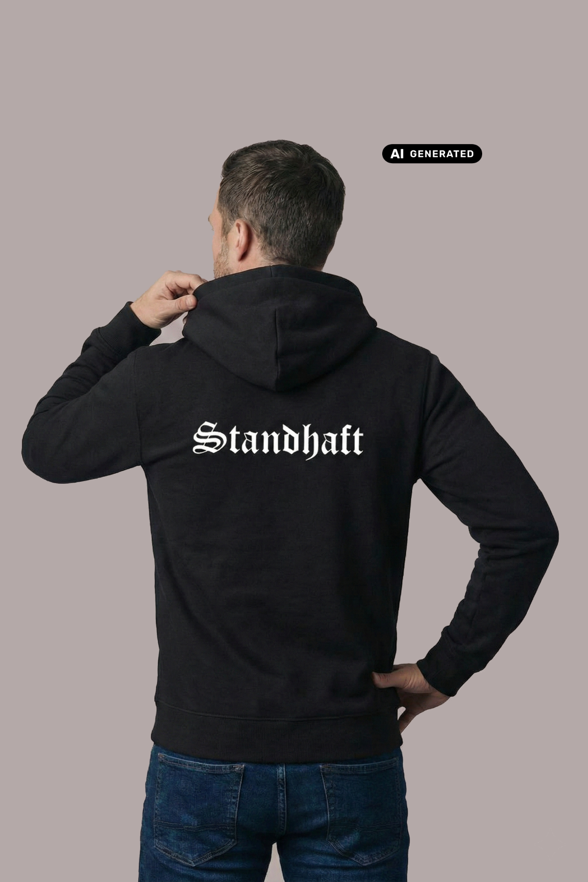 Ein Mann von hinten in einem schwarzen Hoodie mit weißem „Standhaft“-Schriftzug im altdeutschen Stil auf dem Rücken.
