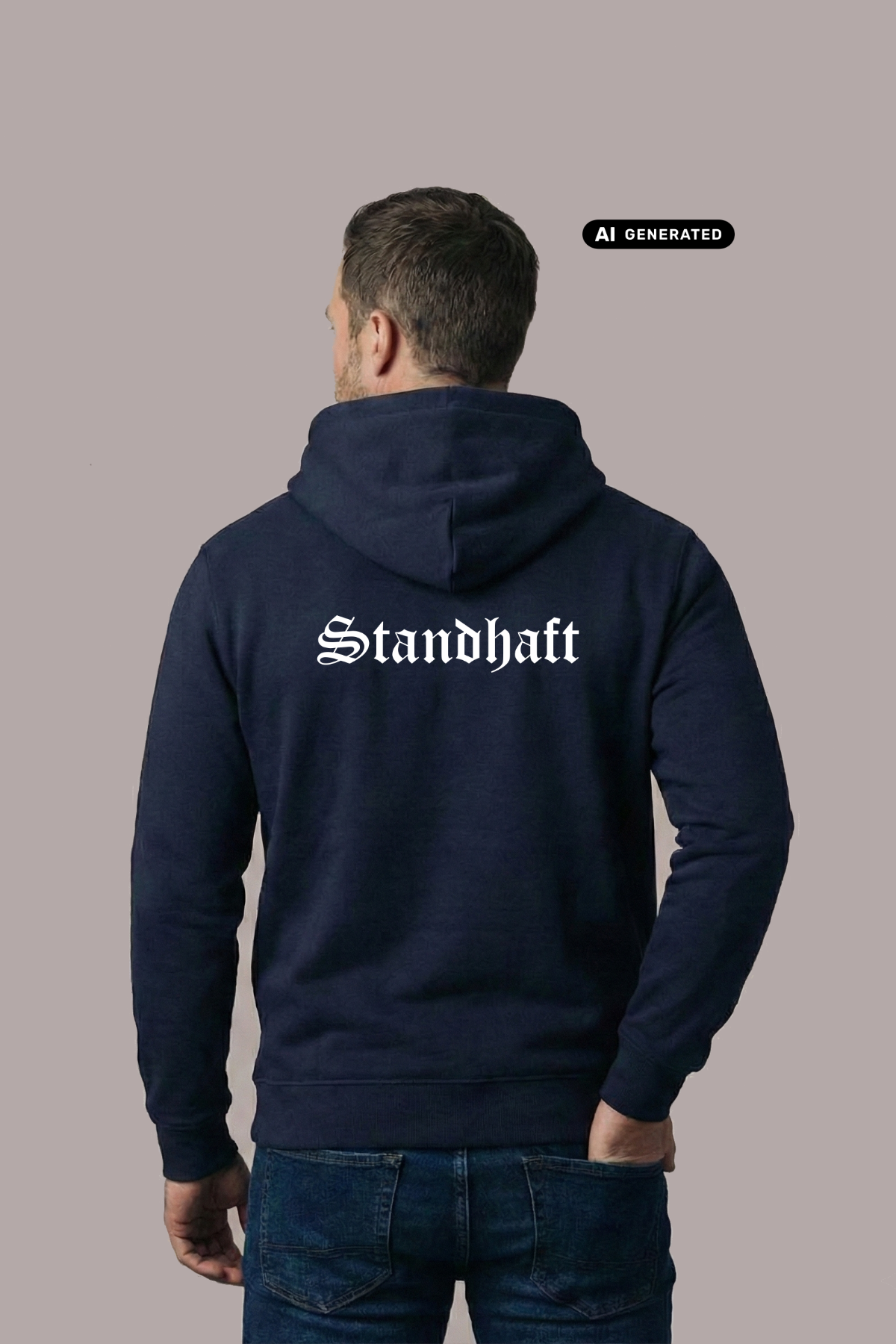 Ein Mann von hinten in einem dunkelblauen Hoodie mit weißem „Standhaft“-Schriftzug im altdeutschen Stil auf dem Rücken.