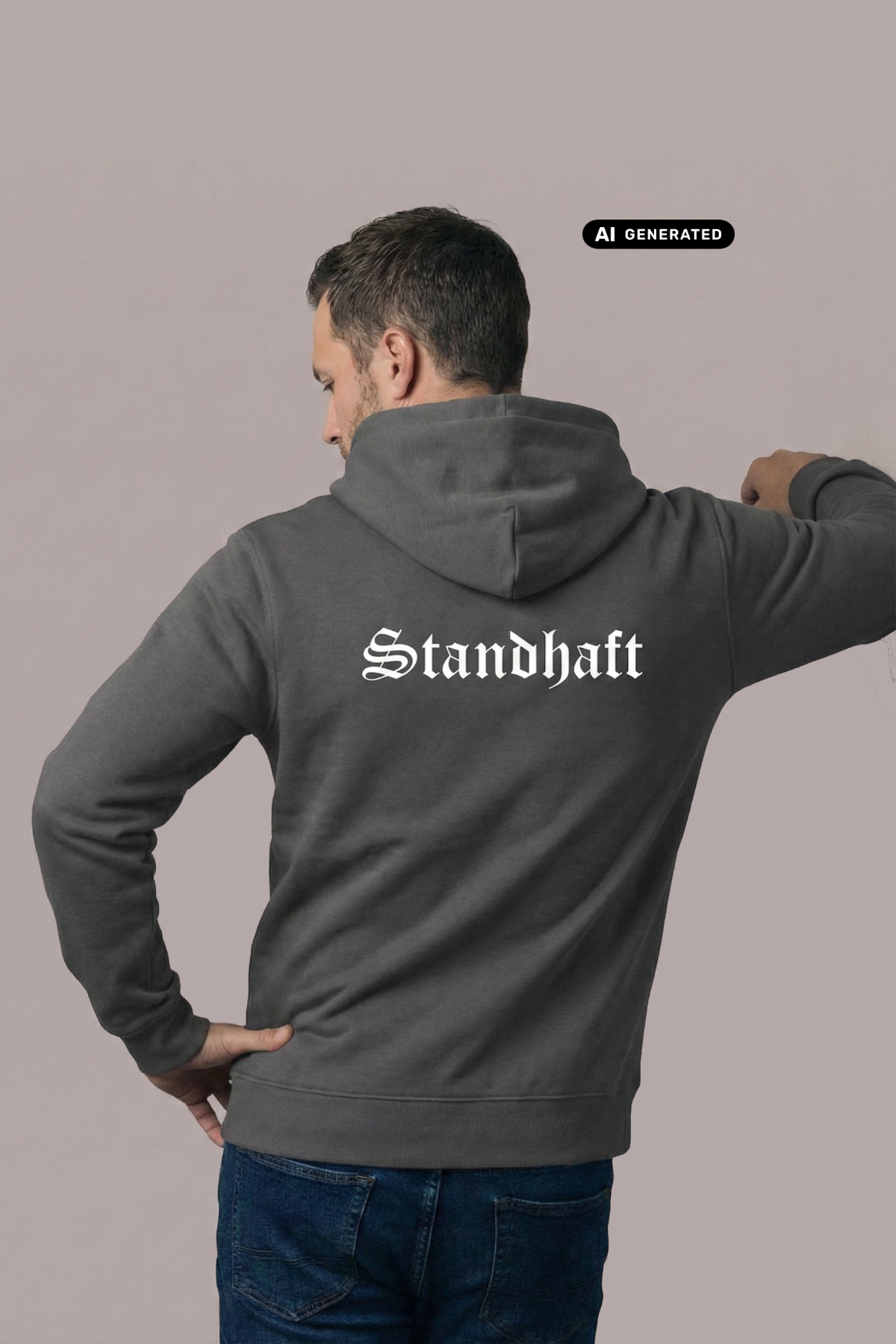 Ein Mann von hinten in einem dunkelgrauen Hoodie mit weißem „Standhaft“-Schriftzug im altdeutschen Stil auf dem Rücken.