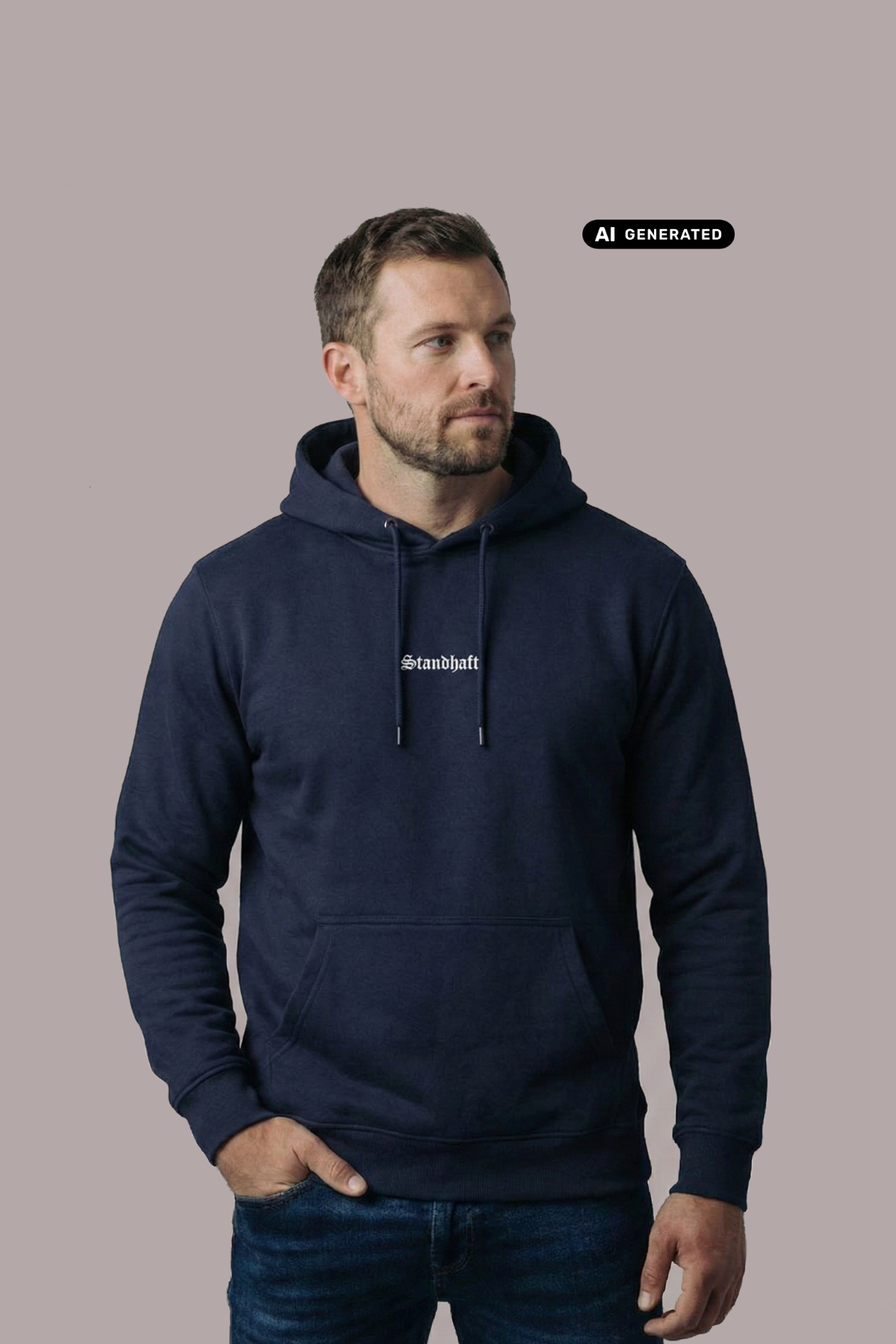 Ein Mann trägt einen dunkelblauen Hoodie mit einem kleinen, weißen „Standhaft“-Schriftzug auf der Brust.