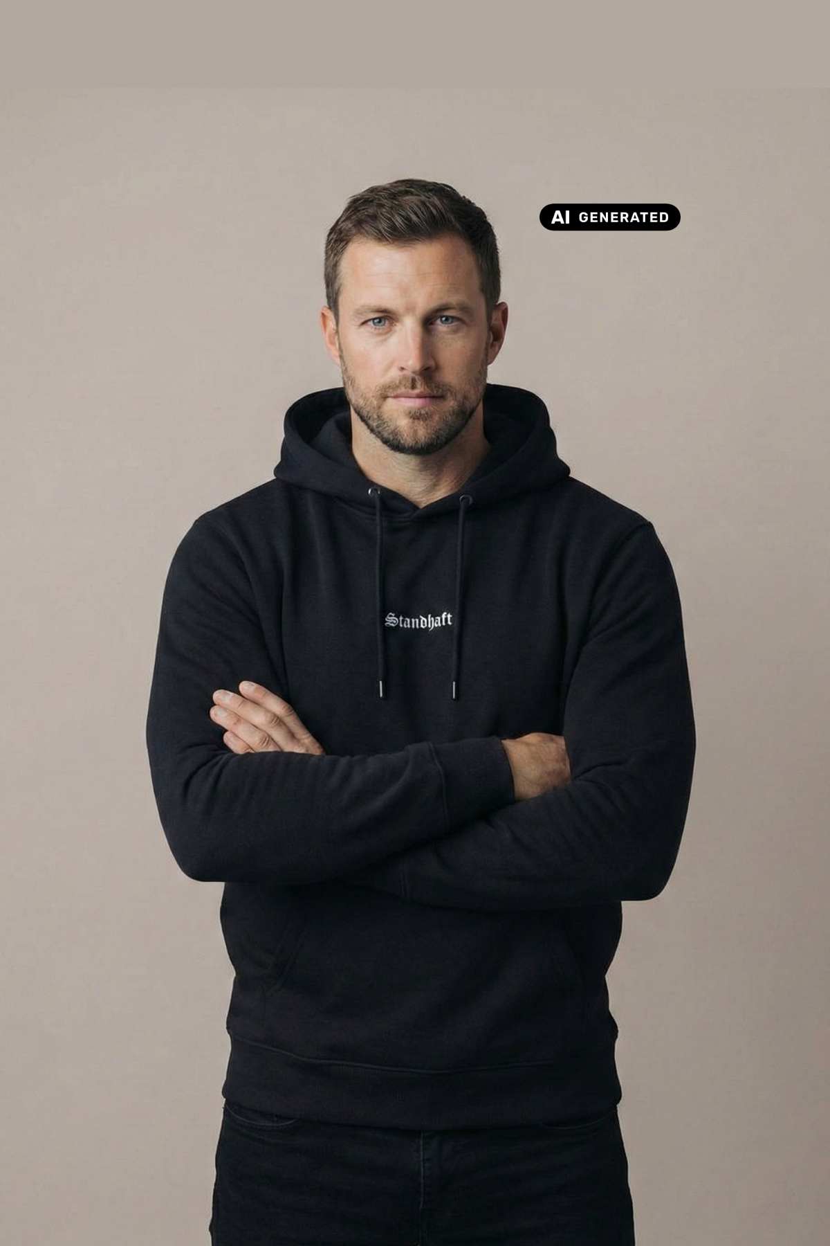 Ein Mann trägt einen schwarzen Hoodie mit einem kleinen, weißen „Standhaft“-Schriftzug auf der Brust.