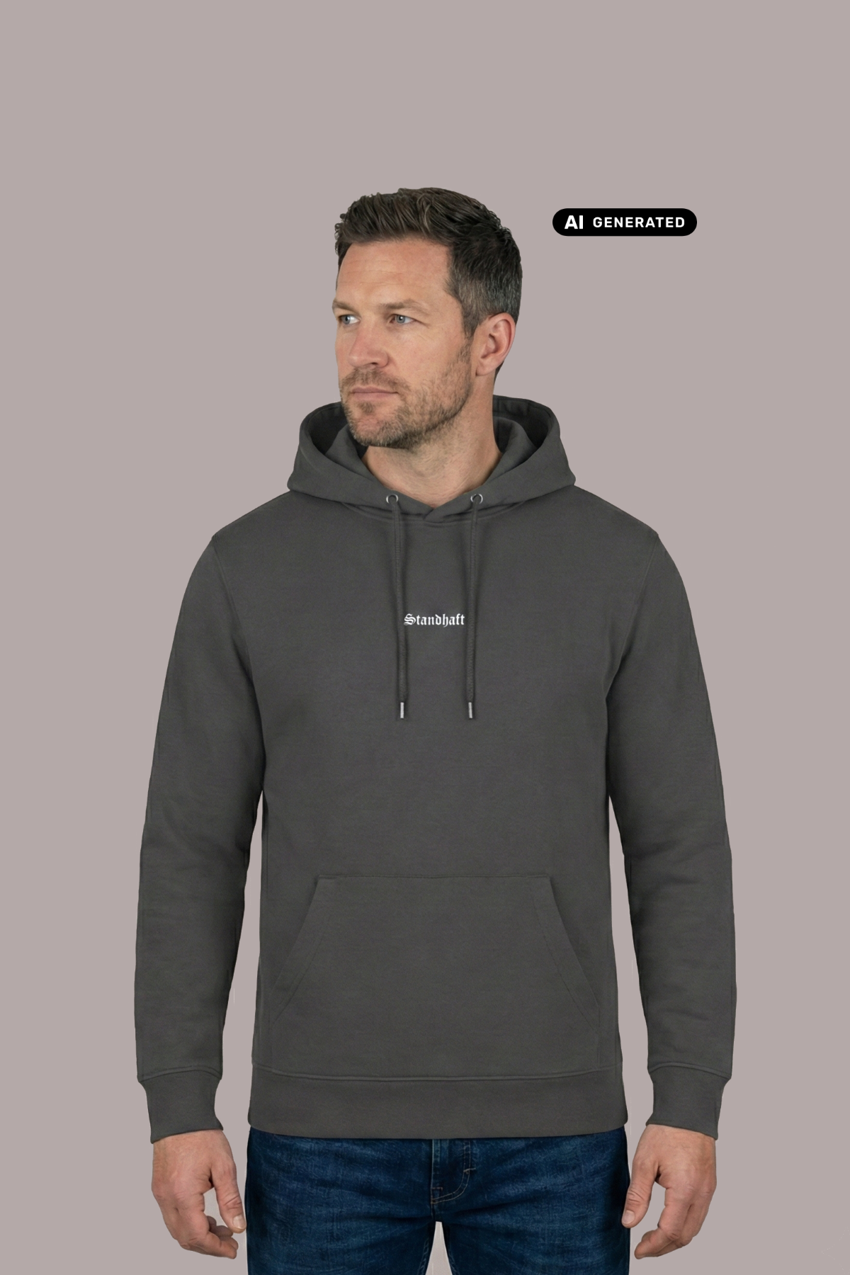 Ein Mann trägt einen dunkelgrauen Hoodie mit einem kleinen, weißen „Standhaft“-Schriftzug auf der Brust.