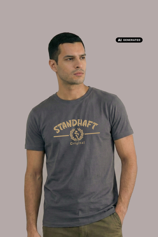 Ein Mann trägt ein dunkelgraues T-Shirt mit goldenem „STANDHAFT“-Schriftzug und Lorbeerkranz-Logo auf der Brust.