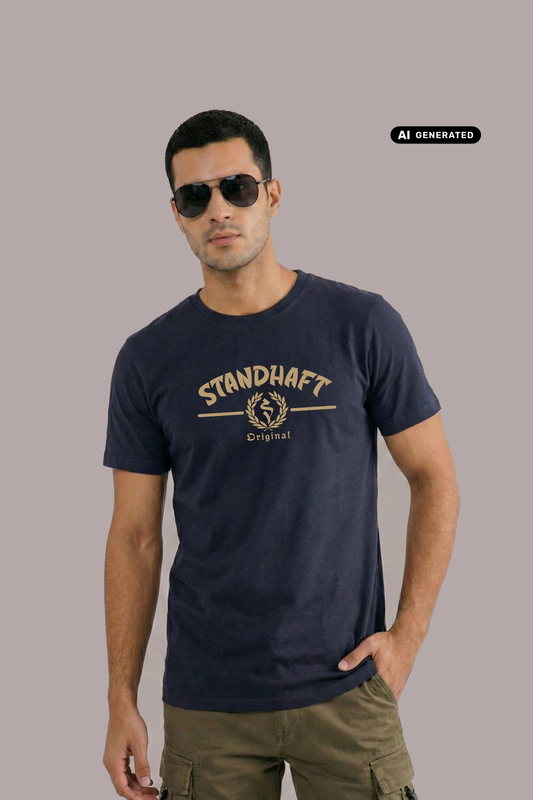 Ein Mann mit Sonnenbrille trägt ein dunkelblaues T-Shirt mit goldenem „STANDHAFT“-Schriftzug und Lorbeerkranz-Logo auf der Brust.