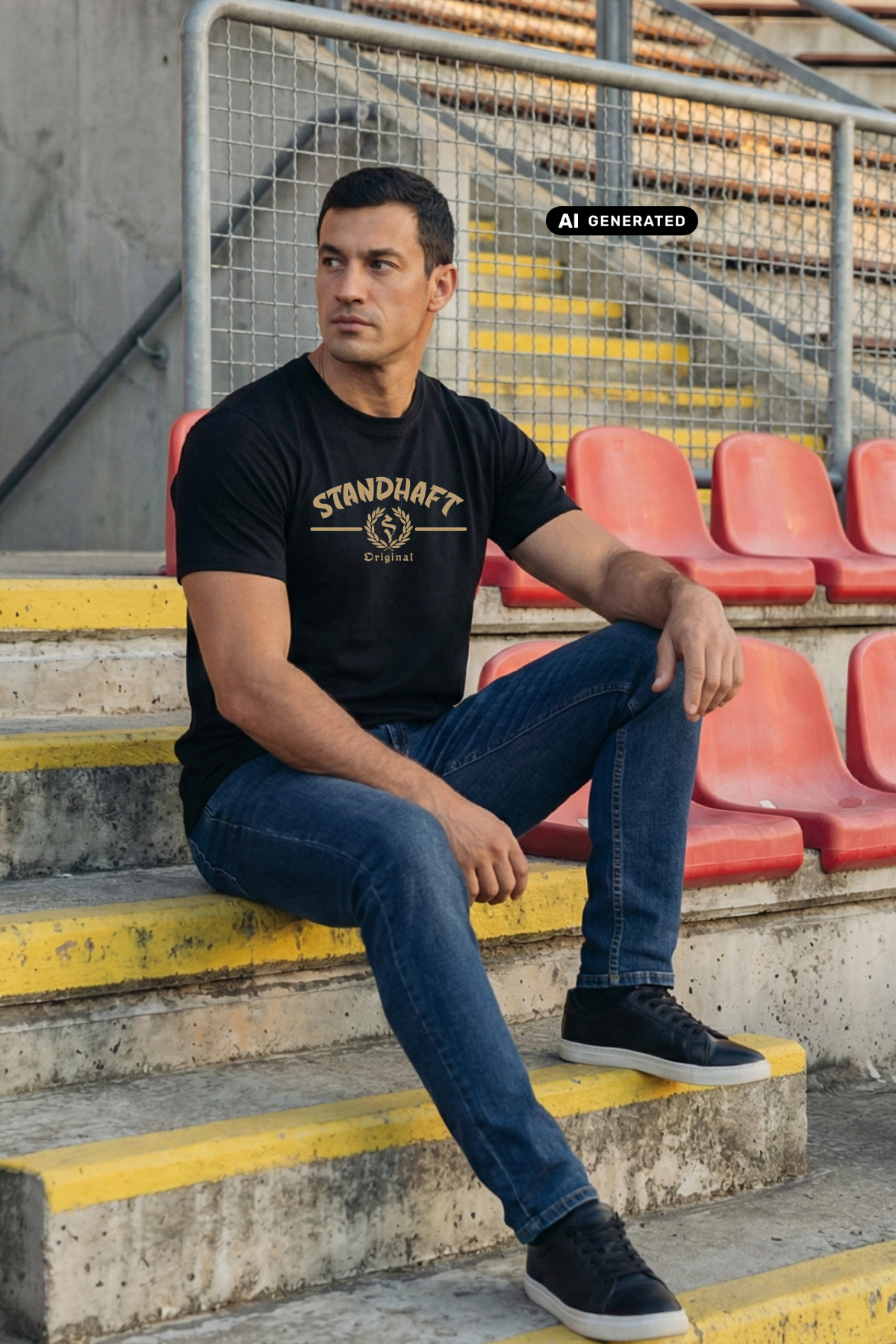 Ein Mann im Stadion trägt ein schwarzes T-Shirt mit goldenem „STANDHAFT“-Schriftzug und Lorbeerkranz-Logo auf der Brust.
