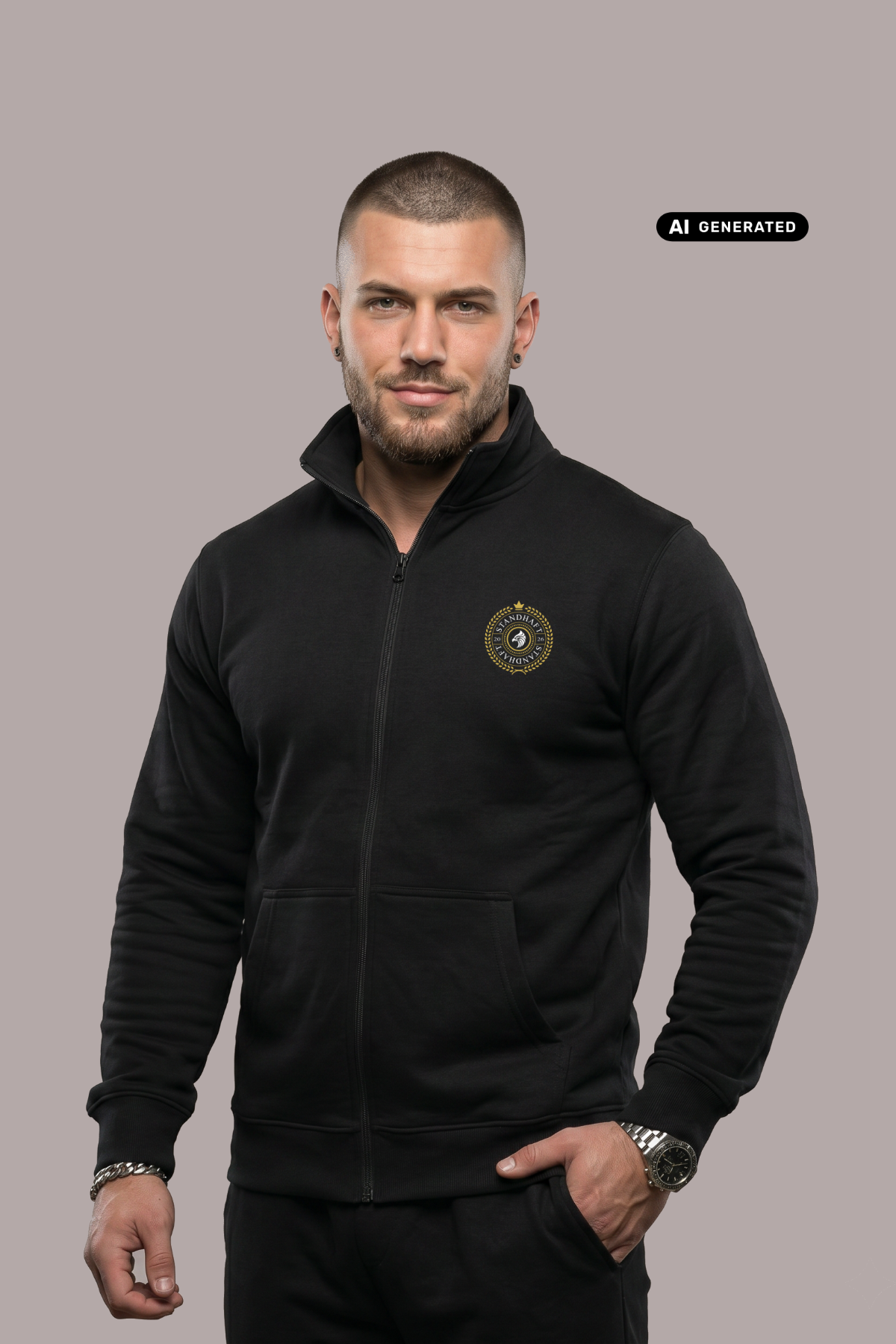 Ein Mann trägt eine schwarze Trainingsjacke mit Reißverschluss und einem kreisförmigen, gelb-schwarzen „STANDHAFT“-Logo samt kleiner Krone auf der linken Brust.