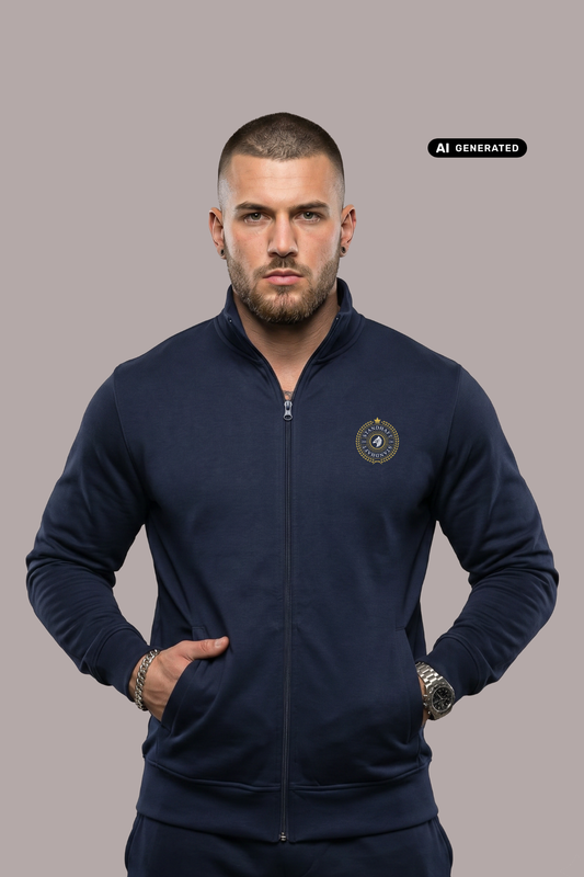 Ein Mann trägt eine dunkelblaue Trainingsjacke mit Reißverschluss und einem kreisförmigen, gelb-blauen „STANDHAFT“-Logo auf der linken Brust.