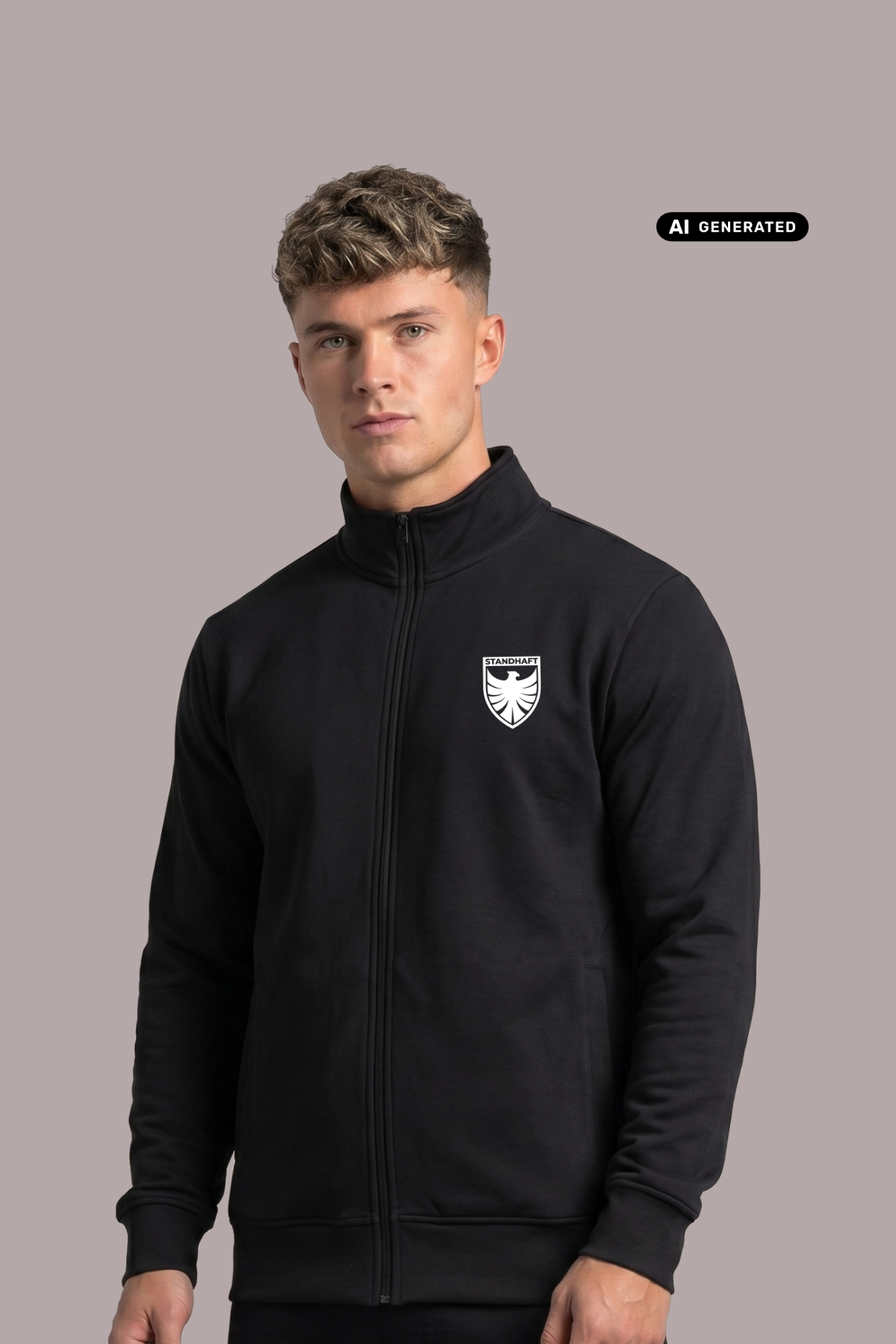 Ein Mann trägt eine schwarze Trainingsjacke mit Reißverschluss und einem weißen Wappen-Logo, das einen Adler und den Schriftzug „STANDHAFT“ zeigt, auf der linken Brust