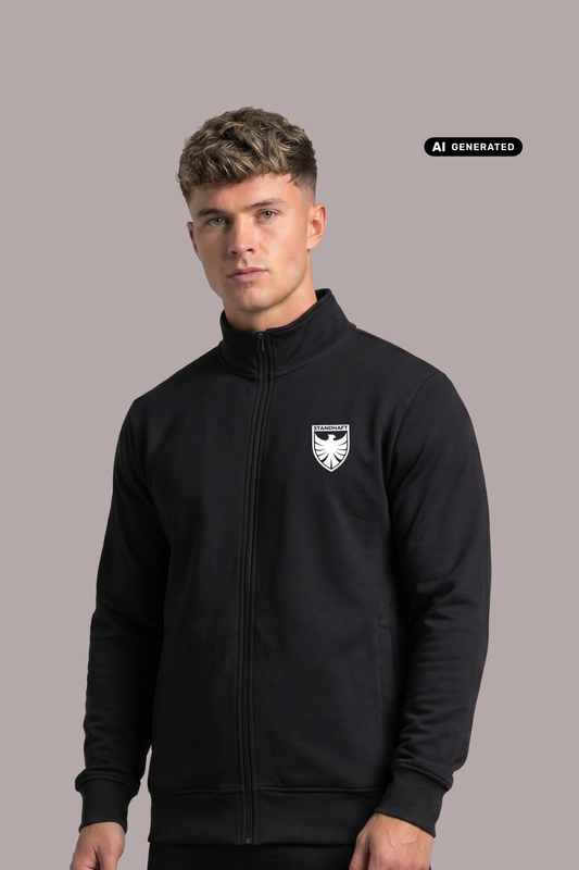 Ein Mann trägt eine schwarze Trainingsjacke mit Reißverschluss und einem weißen Wappen-Logo, das einen Adler und den Schriftzug „STANDHAFT“ zeigt, auf der linken Brust