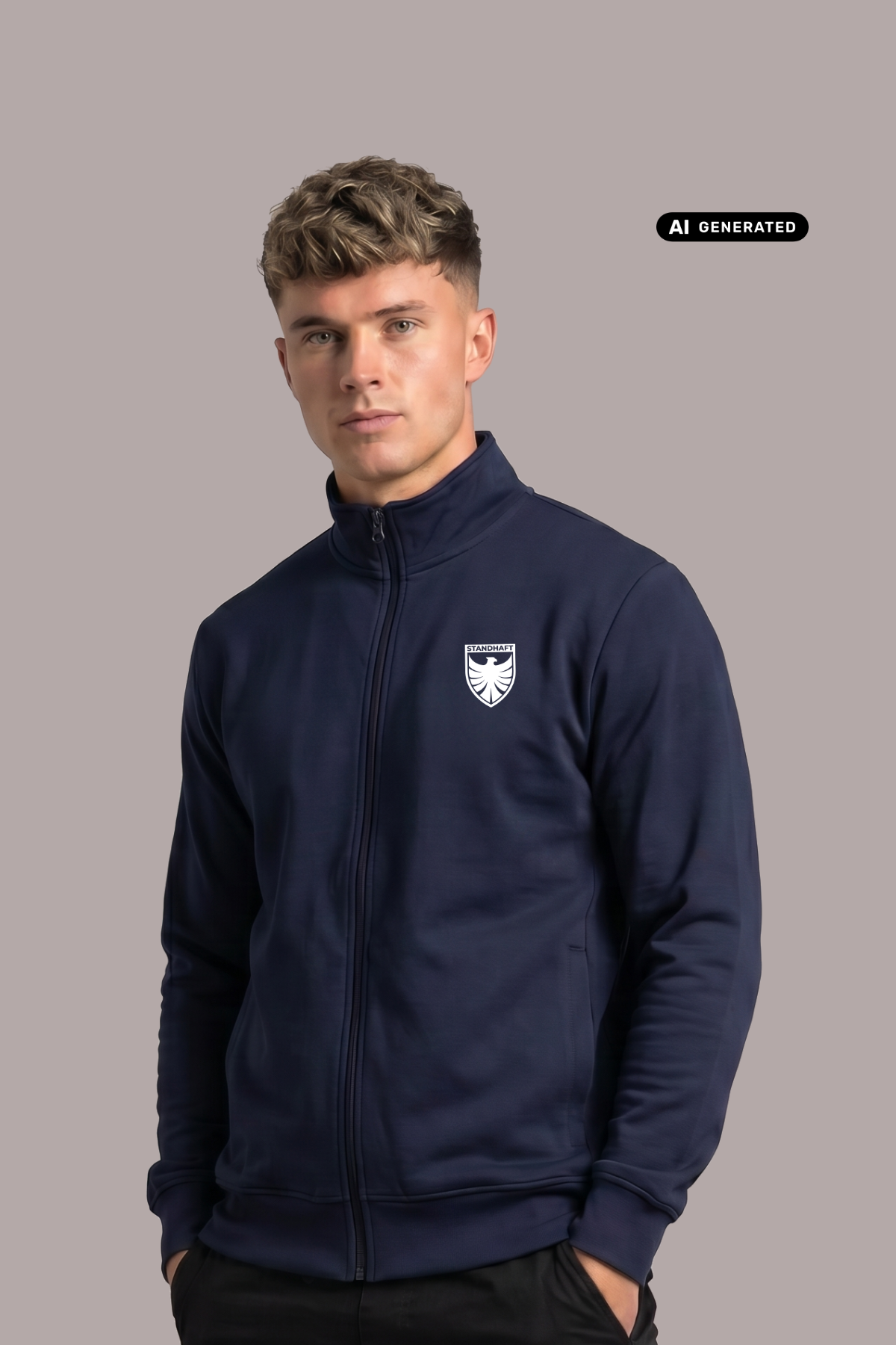 Ein Mann trägt eine dunkelblaue Trainingsjacke mit Reißverschluss und einem weißen Wappen-Logo, das einen Adler und den Schriftzug „STANDHAFT“ zeigt, auf der linken Brust