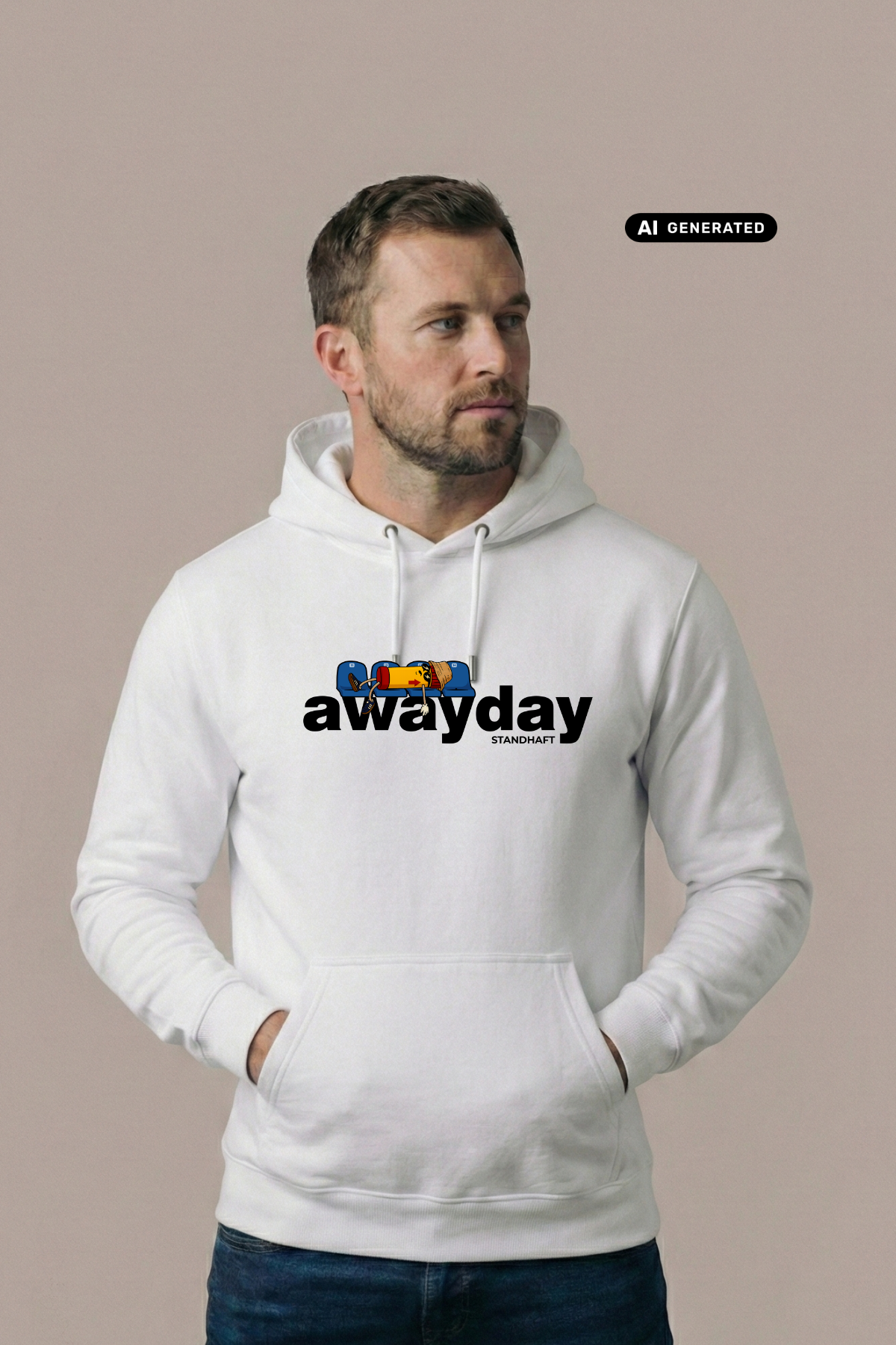 Ein Mann mit Dreitagebart trägt einen weißen Hoodie mit dem Aufdruck „awayday standhaft“ und hat die Hände in den Taschen. Er blickt seitlich weg.