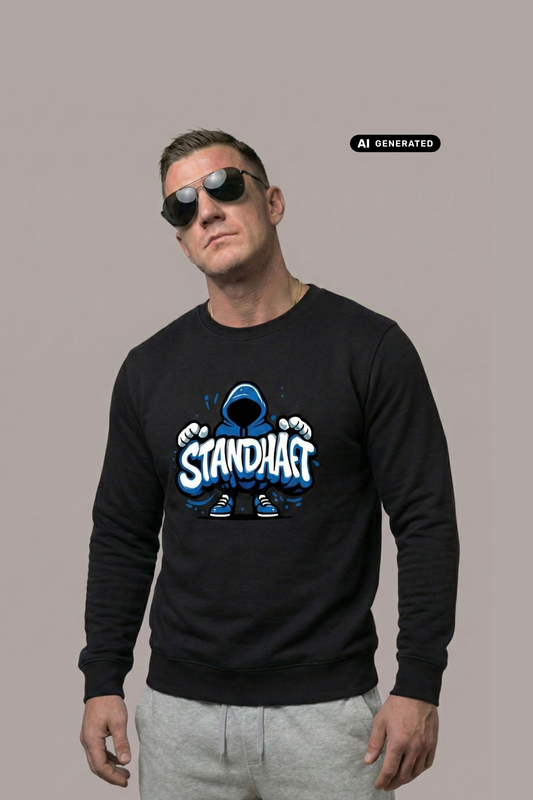 Ein Mann trägt einen schwarzen Pullover mit einem blauen Comic-Grafik-Print und dem Schriftzug „STANDHAFT“.