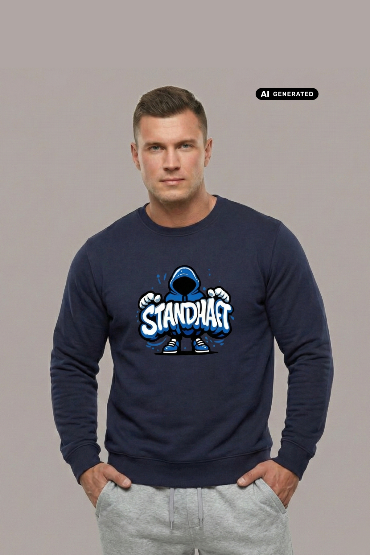 Ein Mann trägt einen dunkelblauen Pullover mit einem blauen Comic-Grafik-Print und dem Schriftzug „STANDHAFT“.