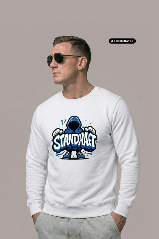 Ein Mann trägt einen weißen Pullover mit einem blauen Comic-Grafik-Print und dem Schriftzug „STANDHAFT“.
