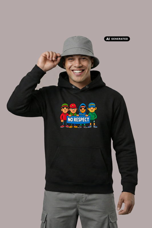 Ein Mann trägt einen schwarzen Hoodie mit einem bunten Comic-Grafik-Print und dem Schriftzug „NO RESPECT“.