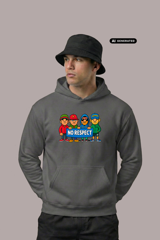 Ein Mann trägt einen dunkelgrauen Hoodie mit einem bunten Comic-Grafik-Print und dem Schriftzug „NO RESPECT“.