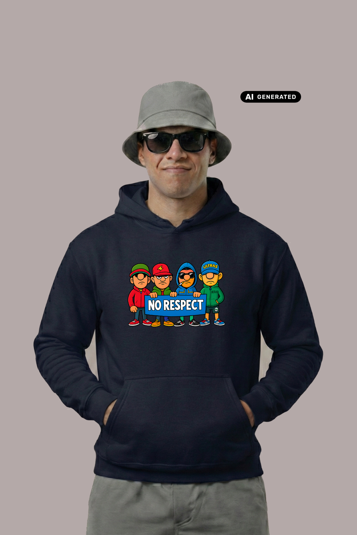 Ein Mann trägt einen dunkelblauen Hoodie mit einem bunten Comic-Grafik-Print und dem Schriftzug „NO RESPECT“.