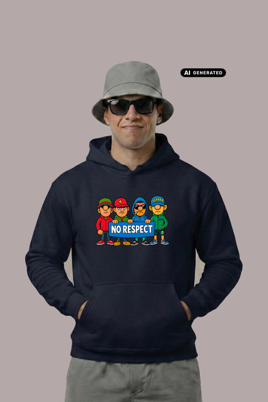 Ein Mann trägt einen dunkelblauen Hoodie mit einem bunten Comic-Grafik-Print und dem Schriftzug „NO RESPECT“.