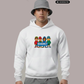 Ein Mann trägt einen weißen Hoodie mit einem bunten Comic-Grafik-Print und dem Schriftzug „NO RESPECT“.