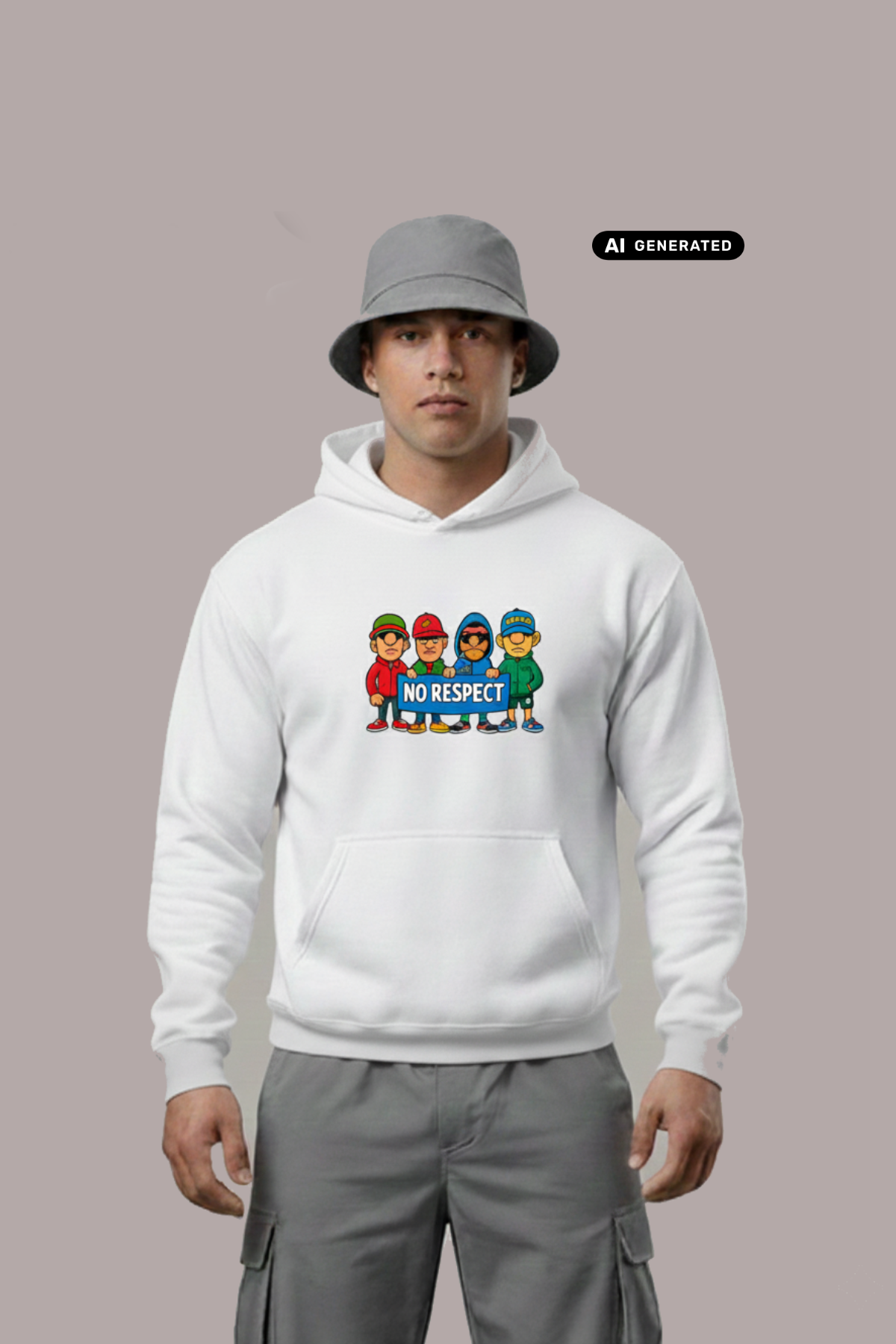 Ein Mann trägt einen weißen Hoodie mit einem bunten Comic-Grafik-Print und dem Schriftzug „NO RESPECT“.